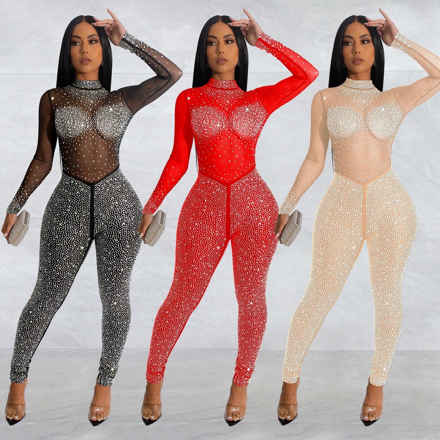 Mesh Hot Drilling Long Sleeve Jumpsuit
