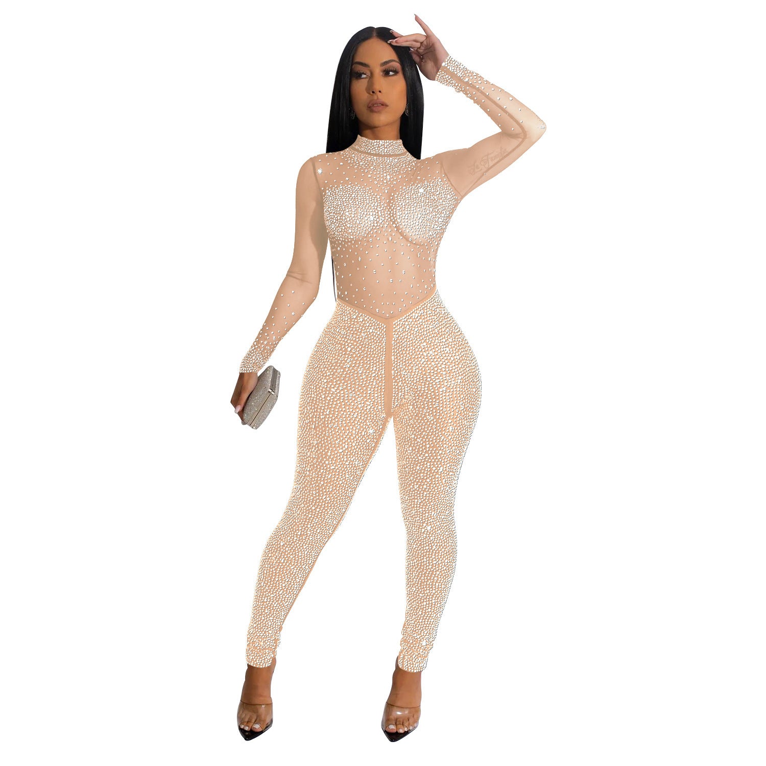 Mesh Hot Drilling Long Sleeve Jumpsuit
