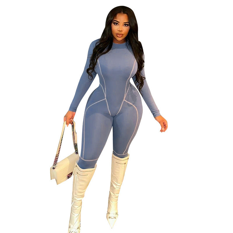 Solid Color Round Neck Long Sleeve Reverse Car Side Line Jumpsuit