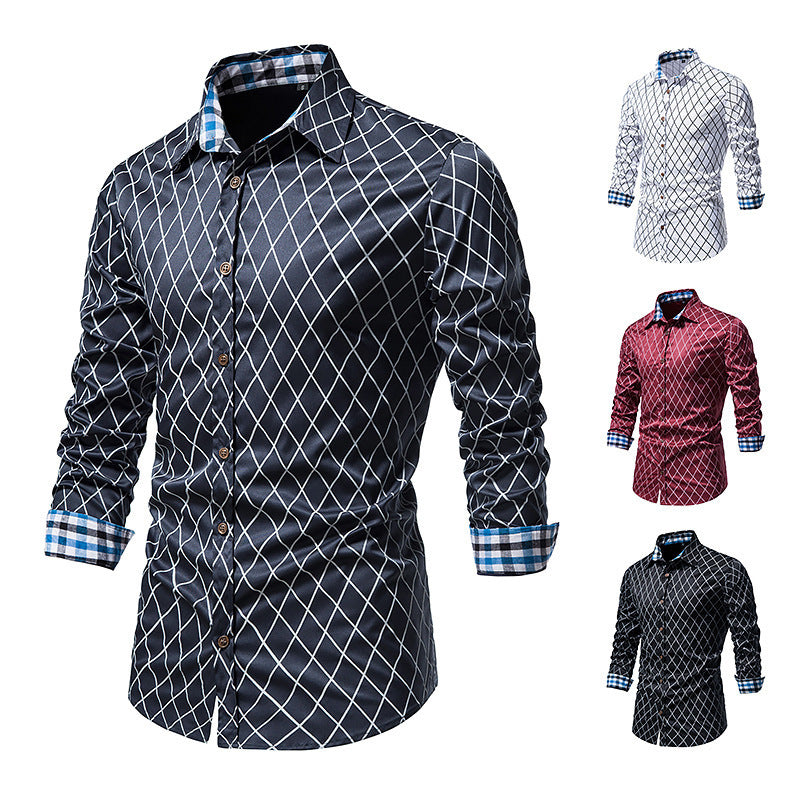 Contrast Color Long-sleeved Diamond Check Button Shirt