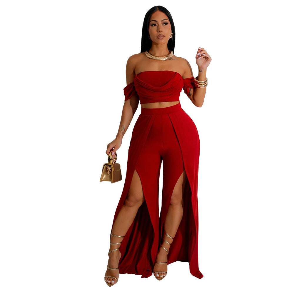 Casual Tube Top Split Wide Leg Pants Set