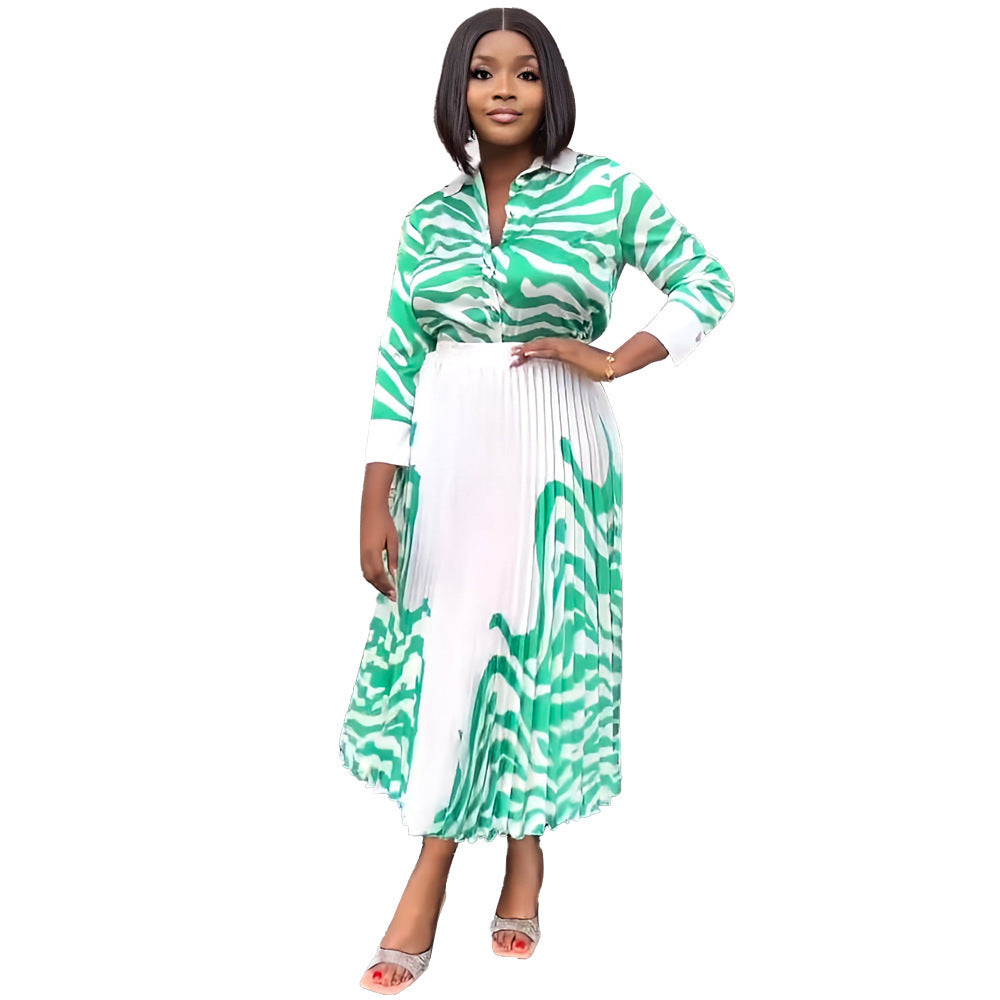 Zebra Print Long Sleeve Shirt w/Casual Pleated Skirt Two-piece Set