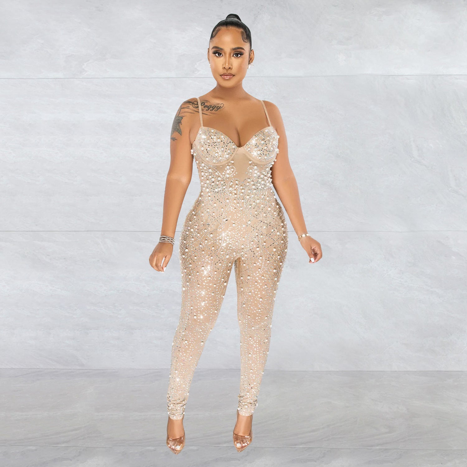 Color Mesh Rhinestone Sleeveless Jumpsuit