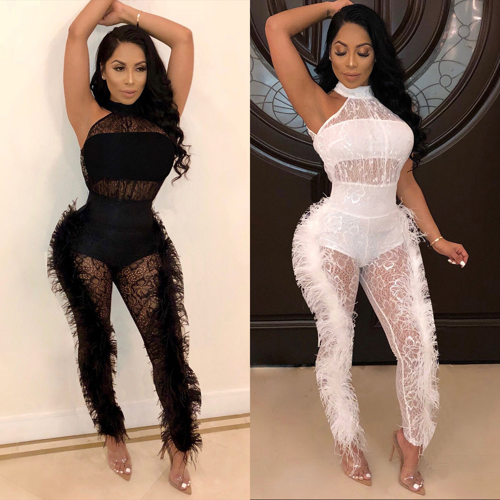 Flowern Lace w/Feather Trim Jumpsuit