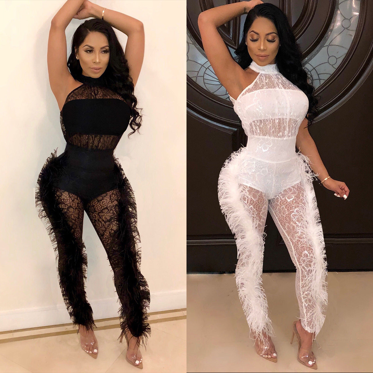 Flowern Lace w/Feather Trim Jumpsuit