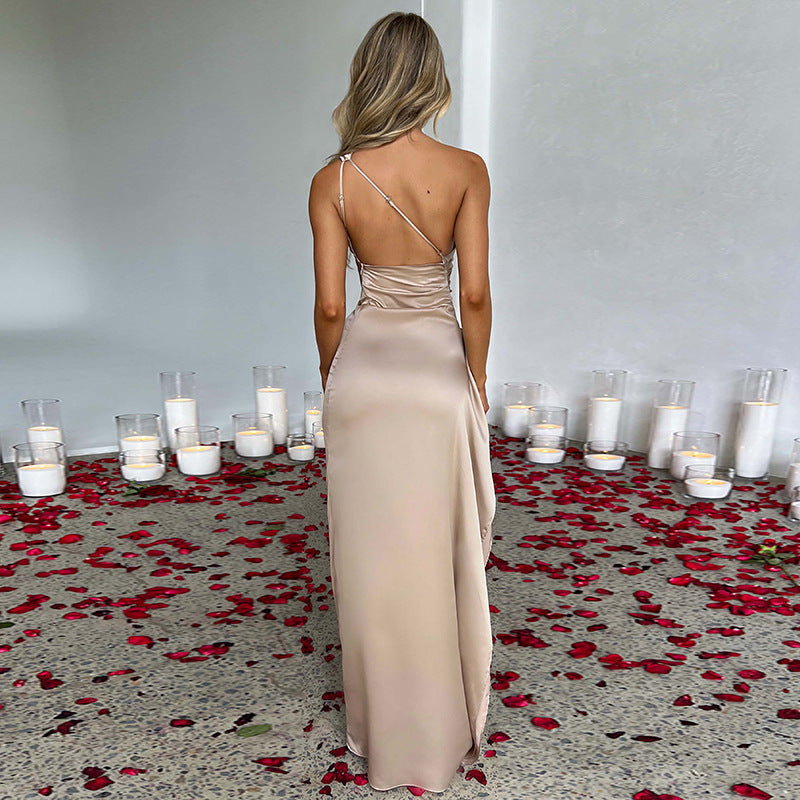 One-Shoulder Satin Backless Slit Dress