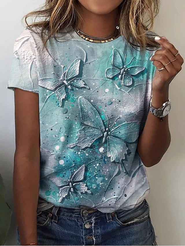 Casual Round Neck Butterfly 3D Printed Short Sleeve