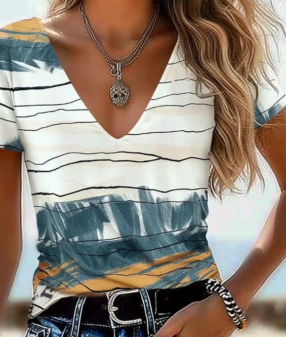 Casual Top Fashion Trend  Short Sleeve V-Neck Top