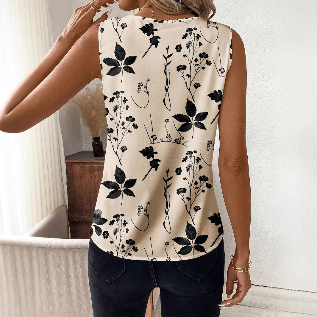 Casual Floral Print Sleeveless V-neck Tops