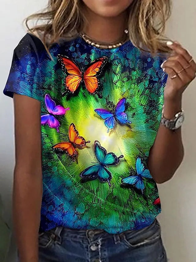 Casual Round Neck Butterfly 3D Printed Short Sleeve
