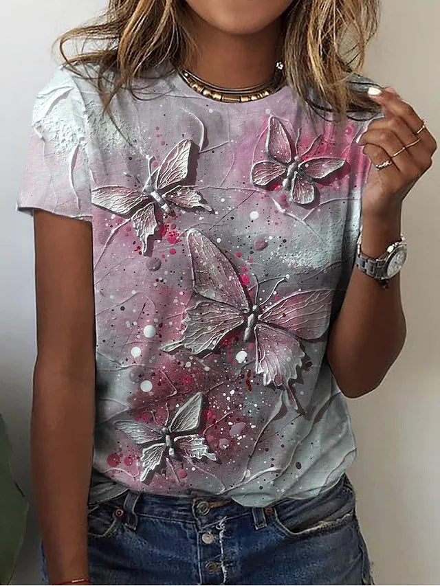 Casual Round Neck Butterfly 3D Printed Short Sleeve