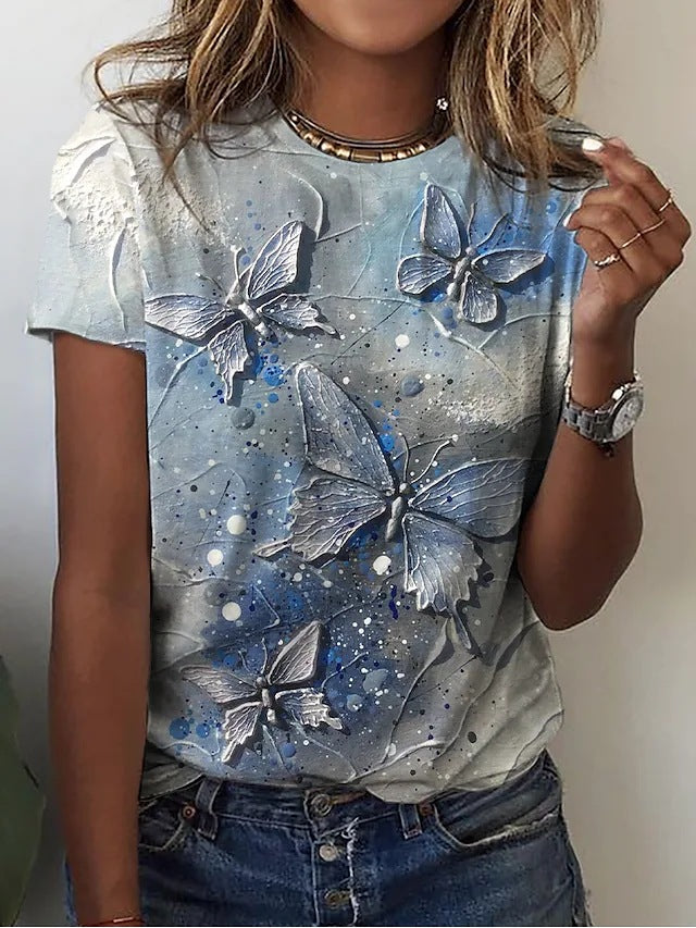 Casual Round Neck Butterfly 3D Printed Short Sleeve