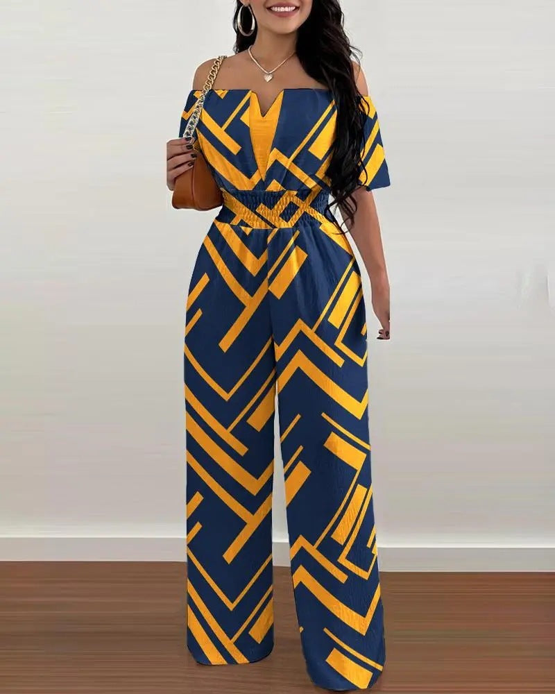 Printed Off-shoulder Fitted Waist Jumpsuit