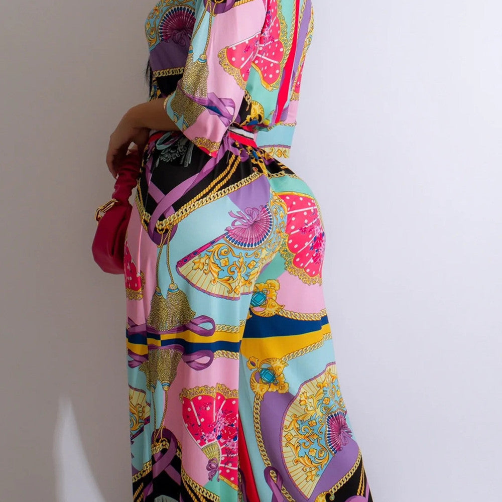 Fan Pattern Printed Short Sleeve Pant Set