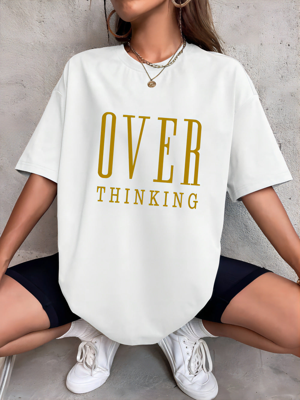 Over Thinking Letter Print Cotton Short Sleeve Top