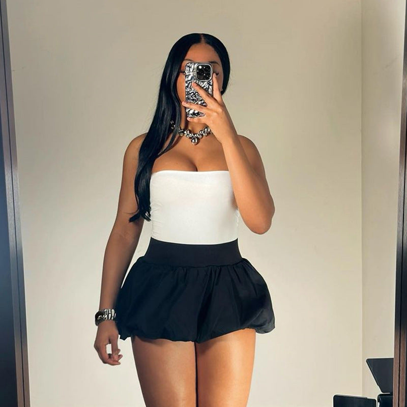 Solid Color Puffy High Waist Ultra Short Skirt