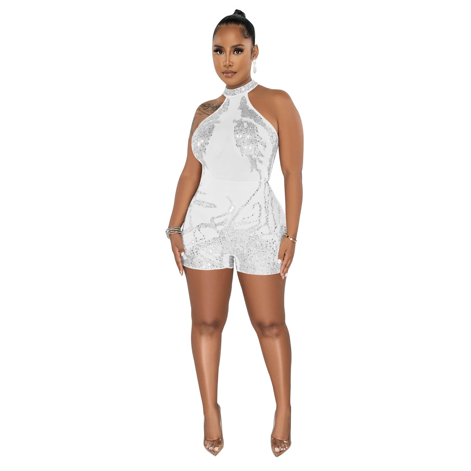 Skinny Mesh Rhinestone Romper