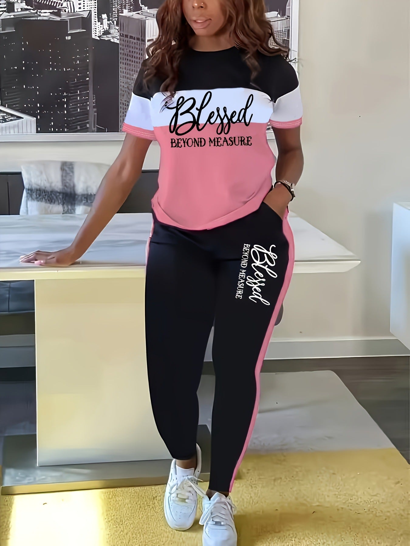Contrast Color Striped Short Sleeve with Wide Leg Pants Set
