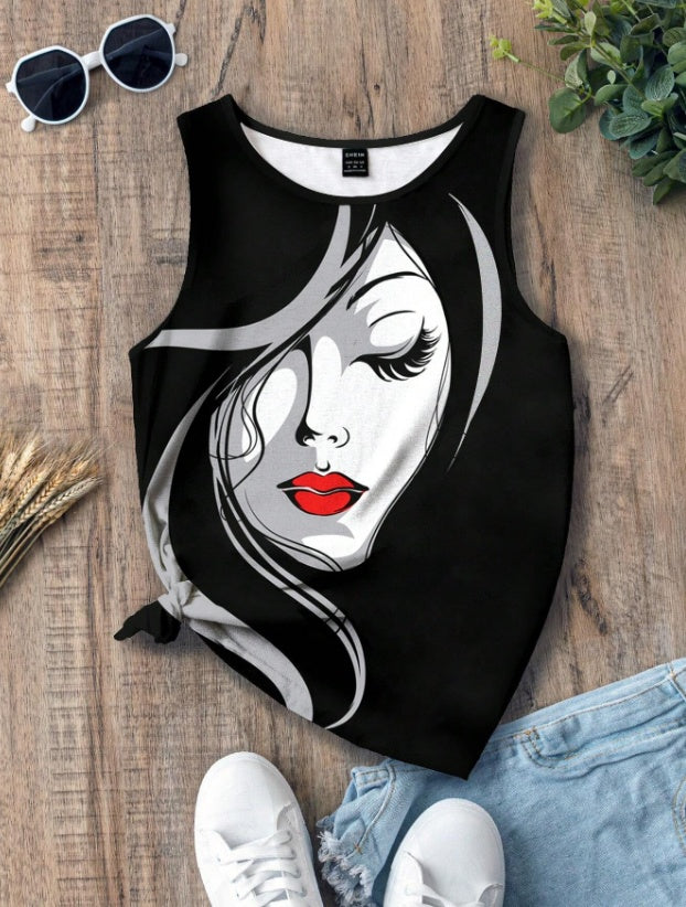 Abstract Face Printed Round Neck Tank Top