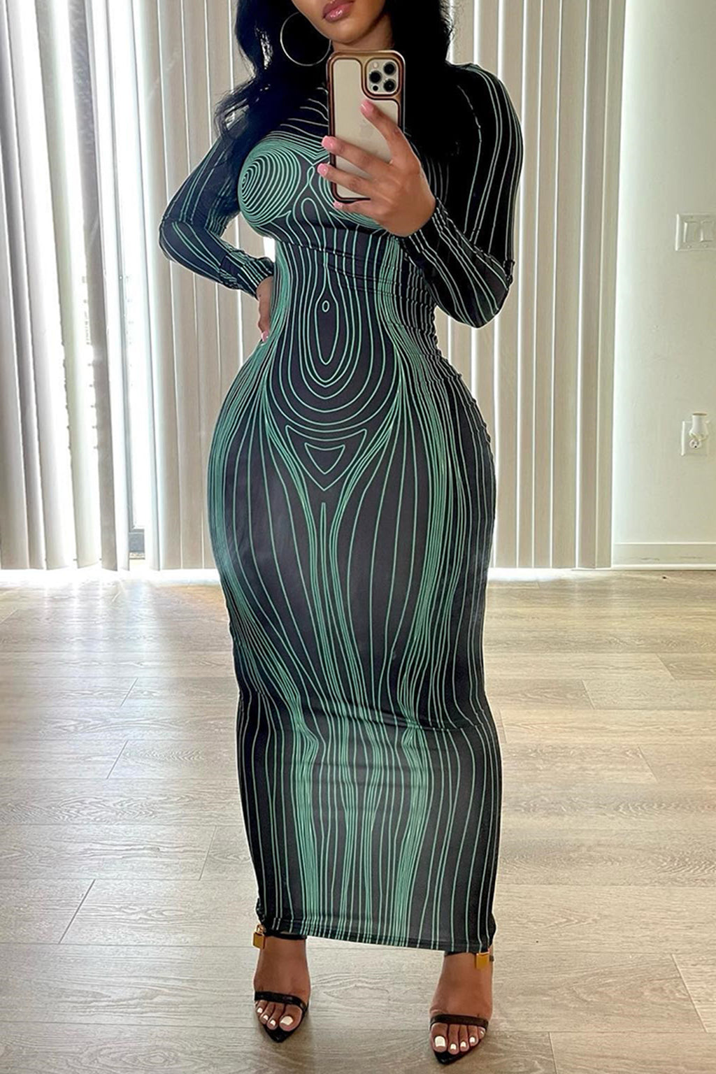 Long Sleeve Round Neck Fashion Printed Slim Fit Sheath Bottom Dress