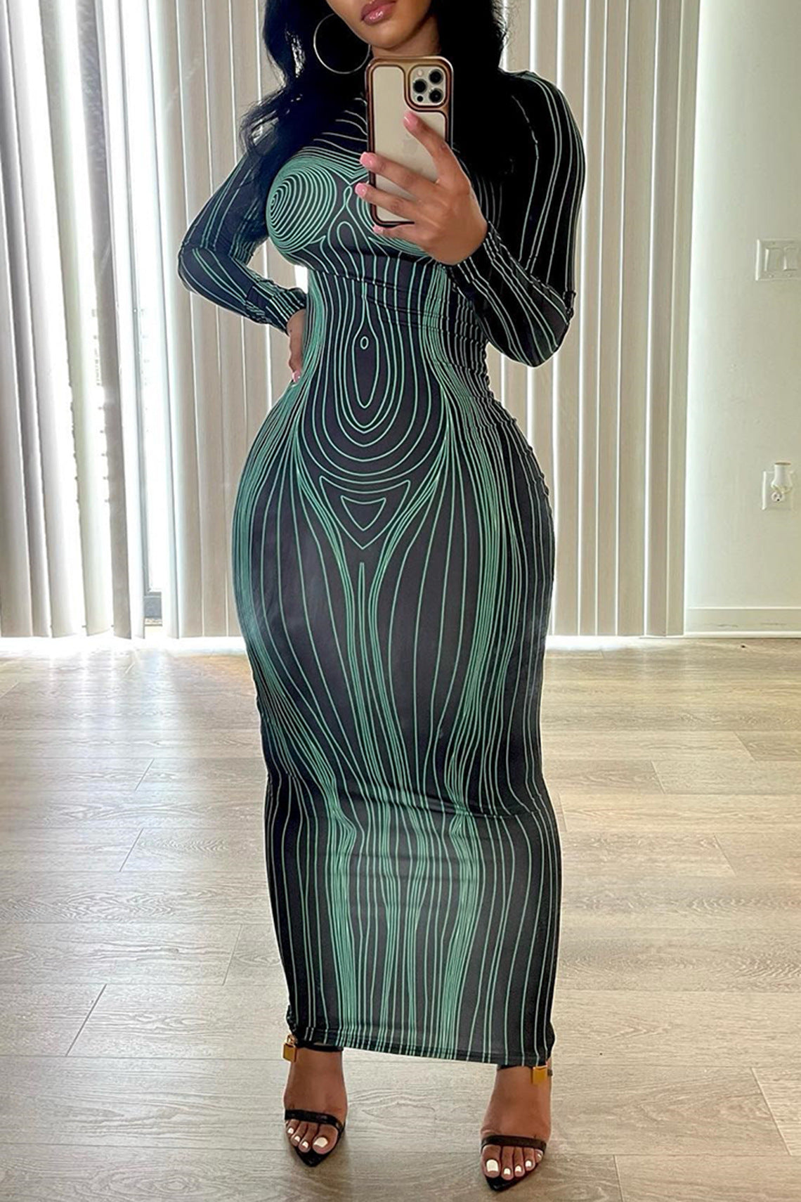 Long Sleeve Round Neck Fashion Printed Slim Fit Sheath Bottom Dress