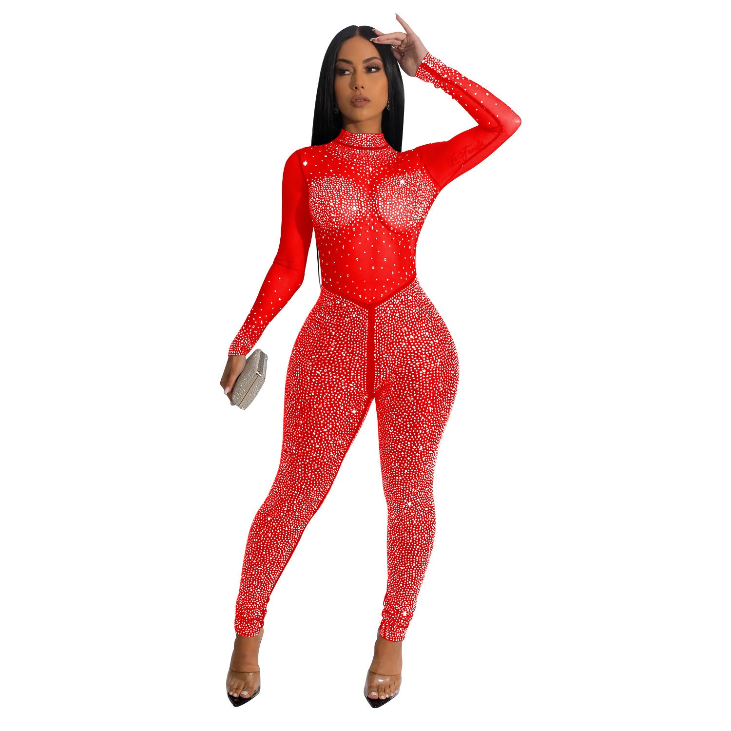 Mesh Hot Drilling Long Sleeve Jumpsuit