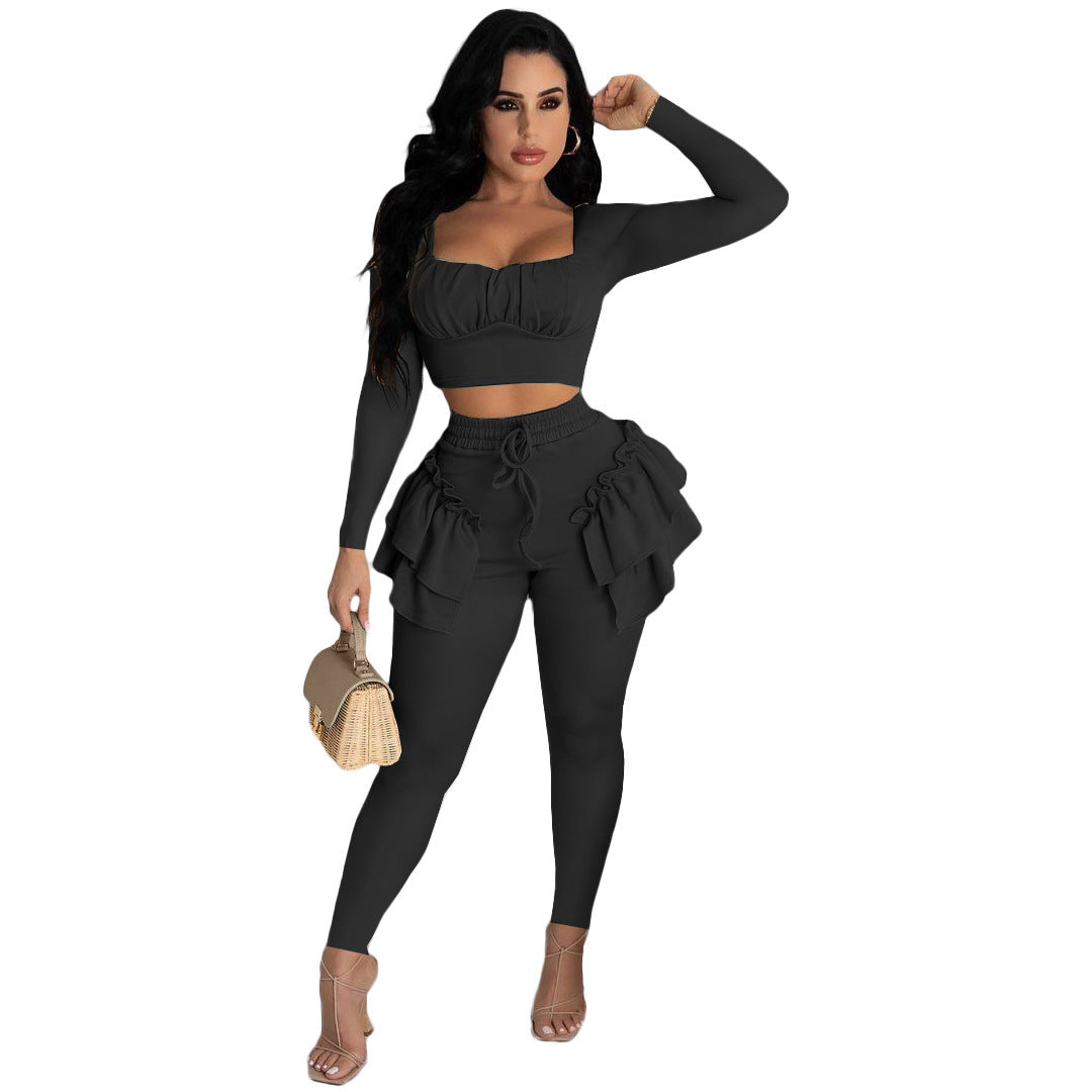 Lace-up Trousers Long-sleeve Two Piece Set