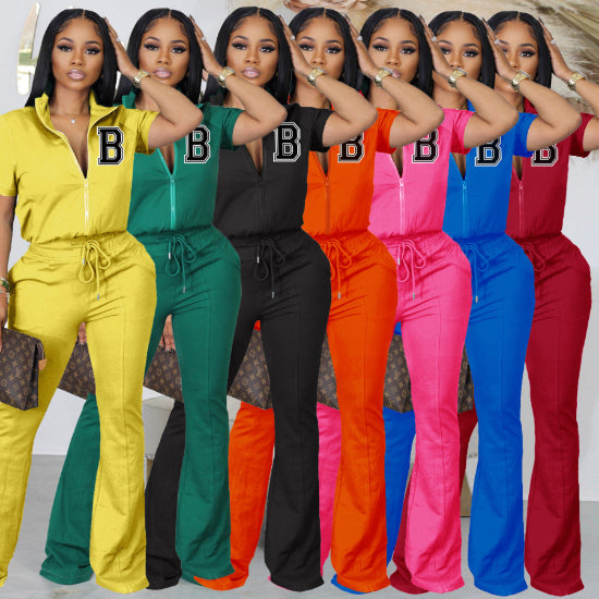 Short Sleeved Zippered Top Flared Casual Pants Set