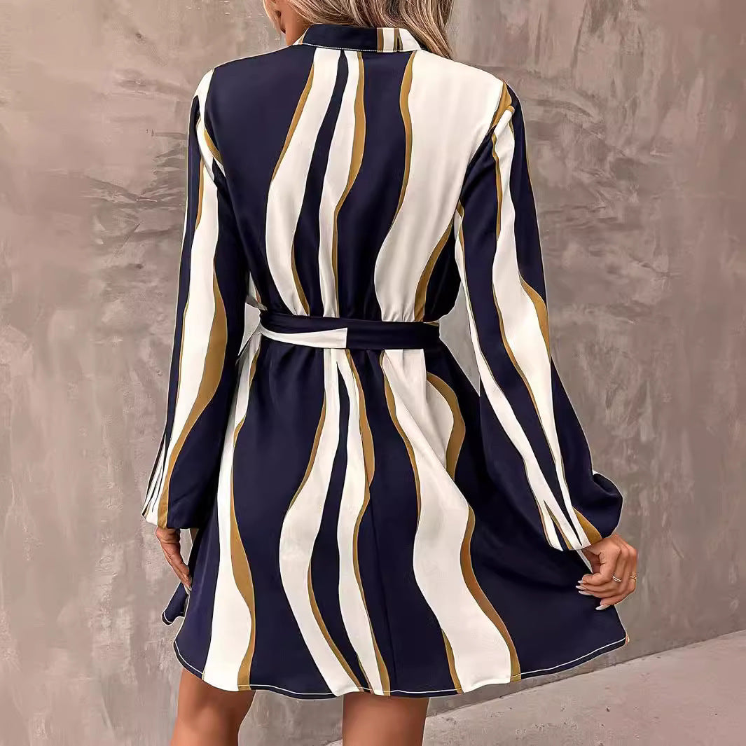Printed V-neck Dress w/Belt
