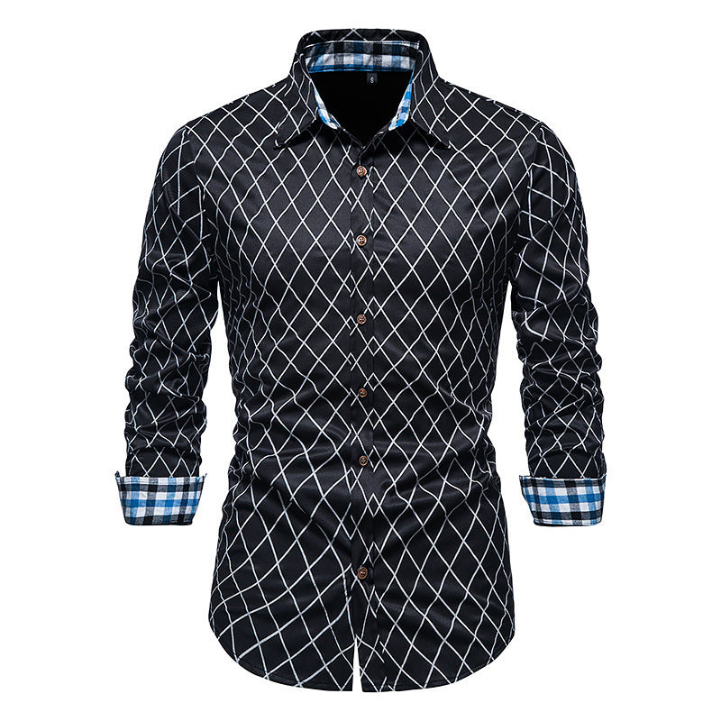Contrast Color Long-sleeved Diamond Check Button Shirt