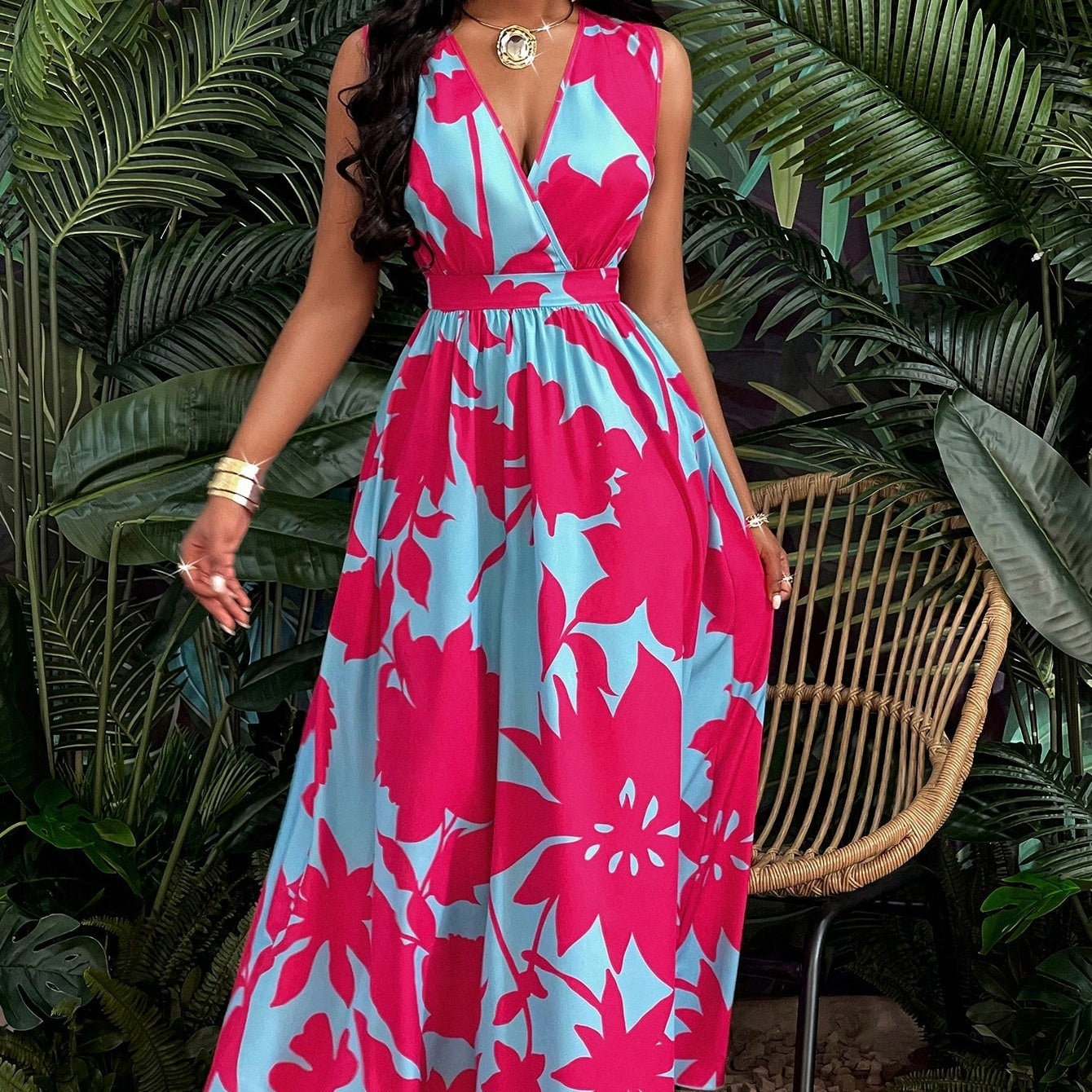 Printed Deep V Neckline Cinched Waist Fit and Flare Dress