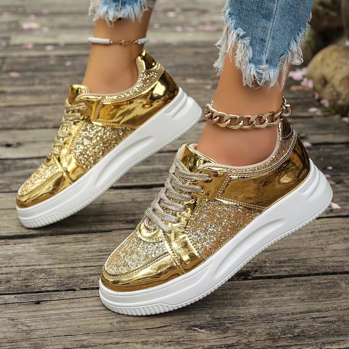 Casual Fashion Lace-up With Sequin Design