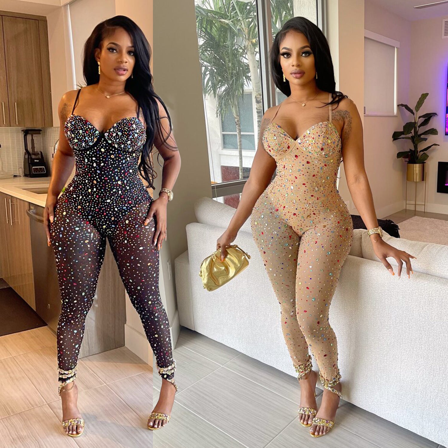Sheer Mesh Rhinestone Jumpsuit
