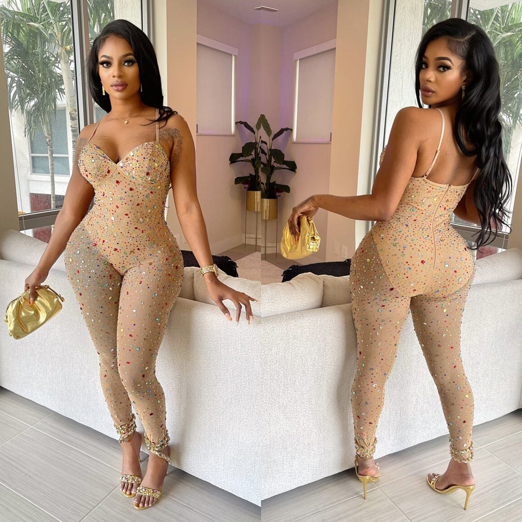 Sheer Mesh Rhinestone Jumpsuit
