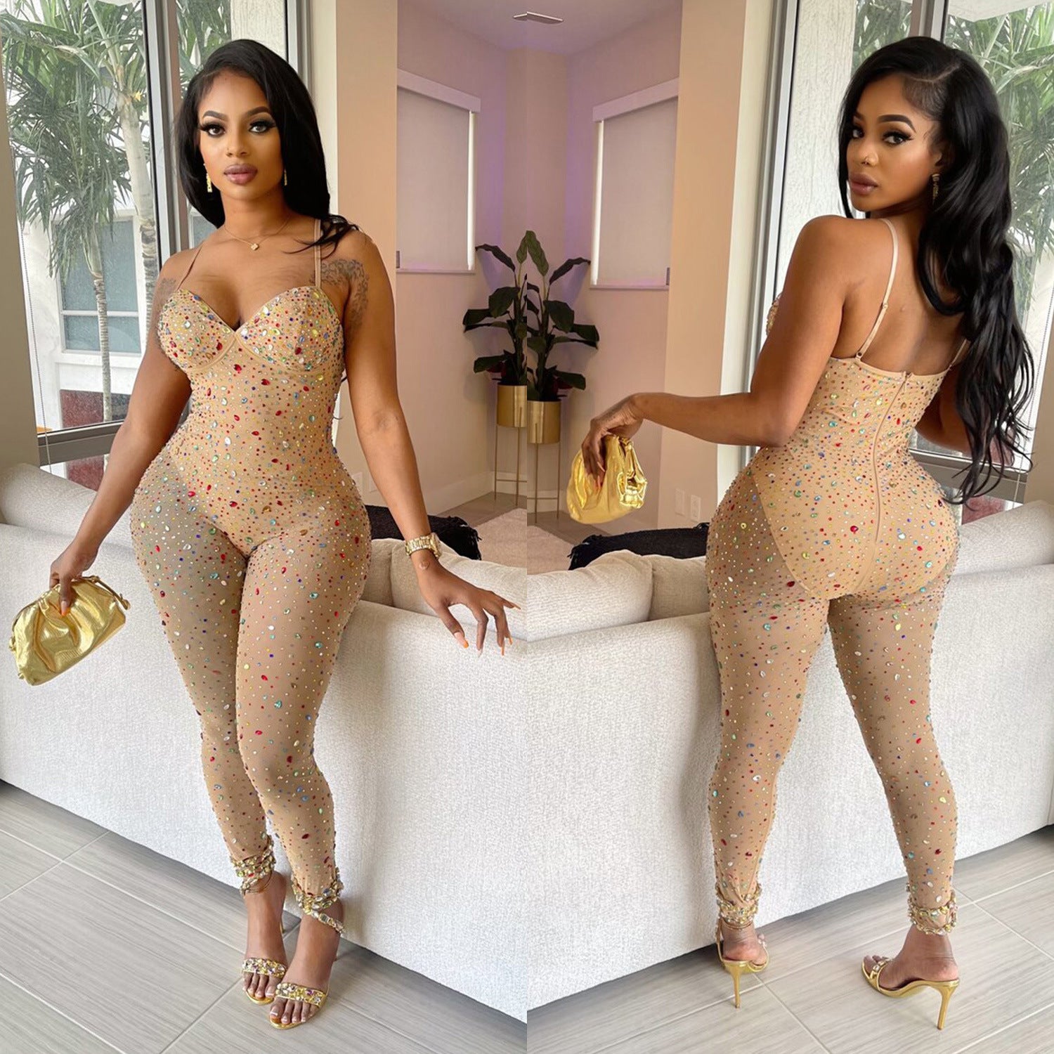 Sheer Mesh Rhinestone Jumpsuit