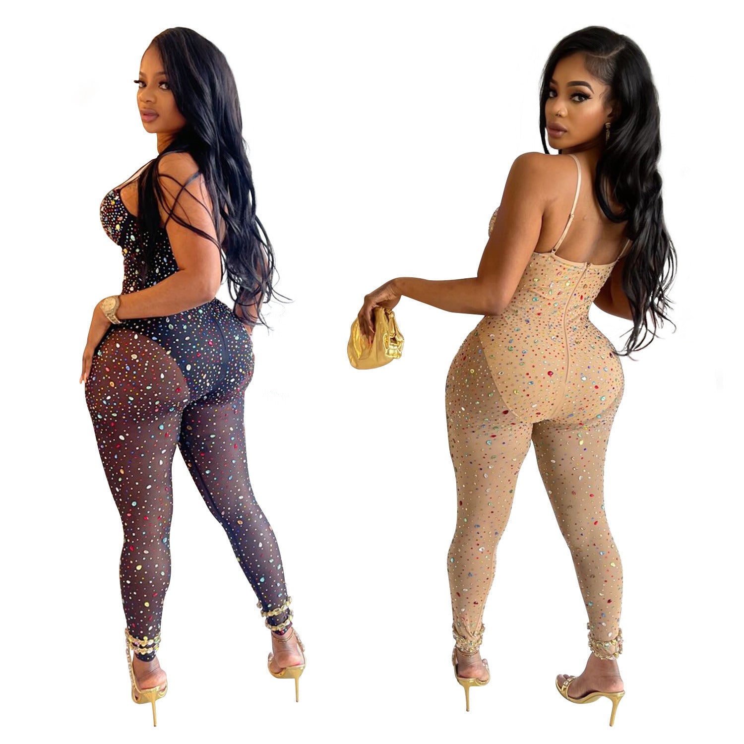 Sheer Mesh Rhinestone Jumpsuit