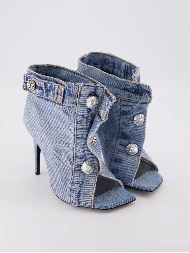 Rivets Denim Short Ankle Heels