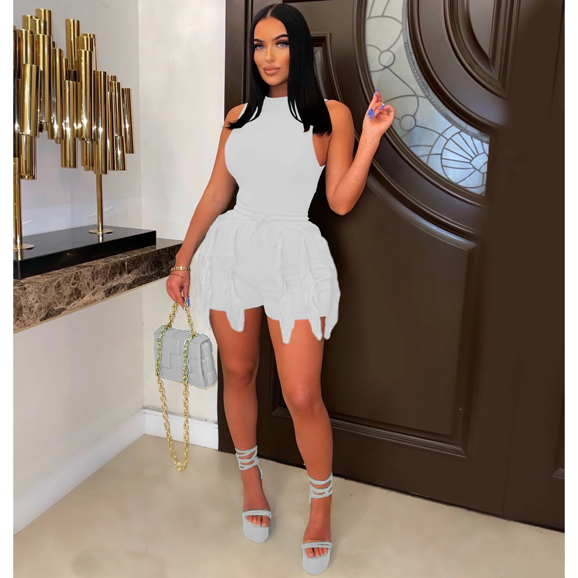 Sleeveless Vest Drawstring Tassel Casual Solid Color Two-piece Short Set