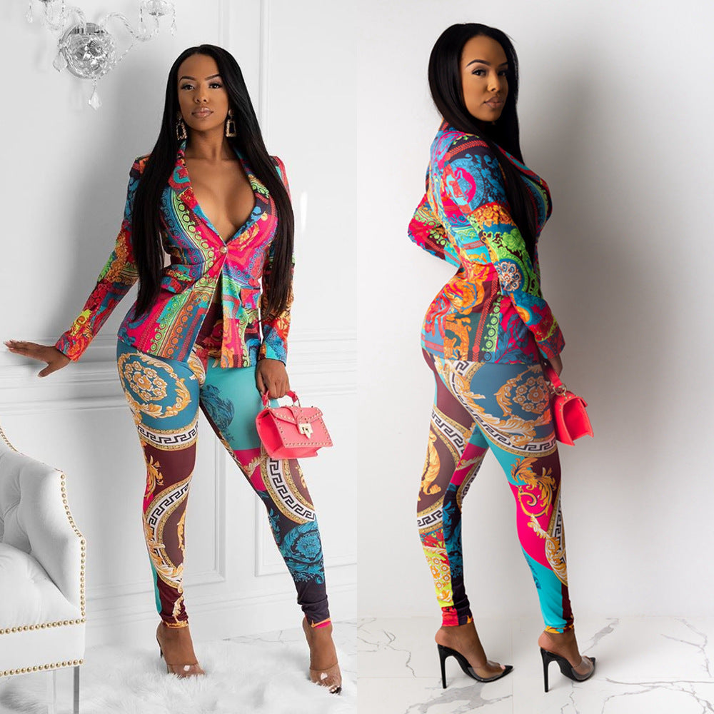 Colorful Printed Design Two Piece Pant Set