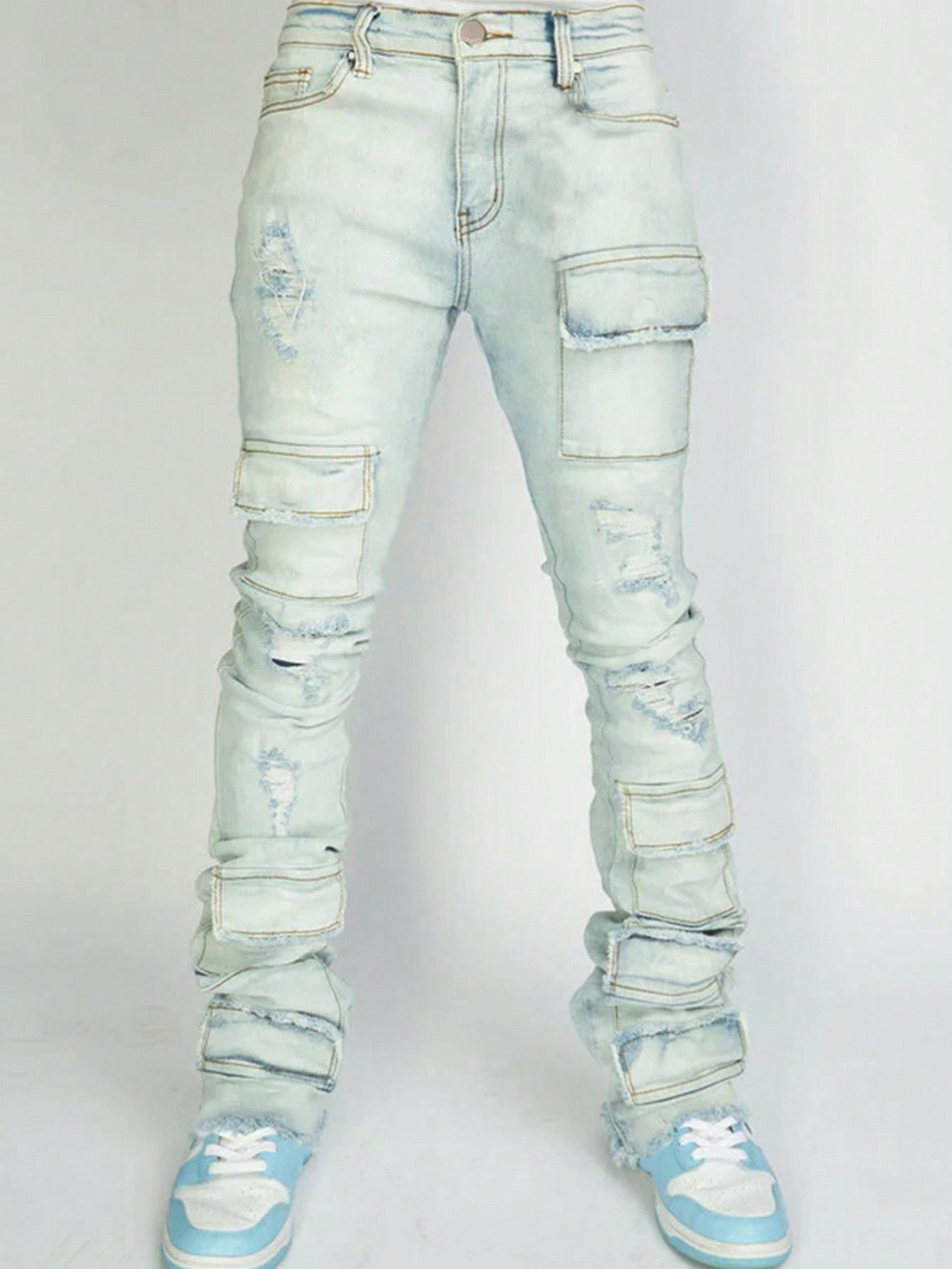 Straight-leg Overalls Stretch Ripped Laminated Micro-Pull Pants