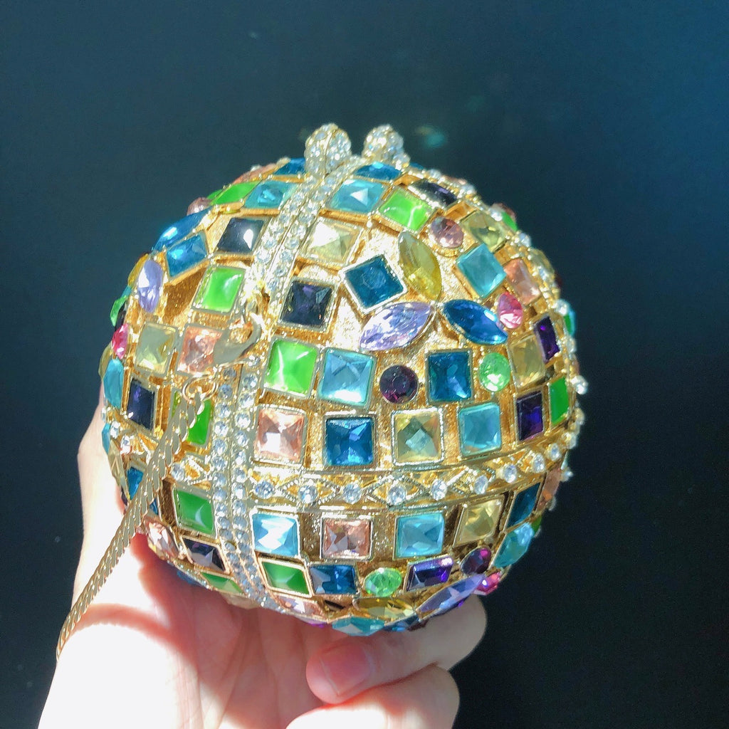 Multicolored Glass Rhinestone Round Ball Bag with an Empty Diamond