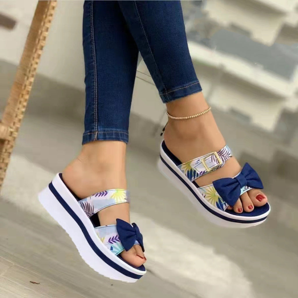 Colorful Bow Round Toe Platform Leather Sandals