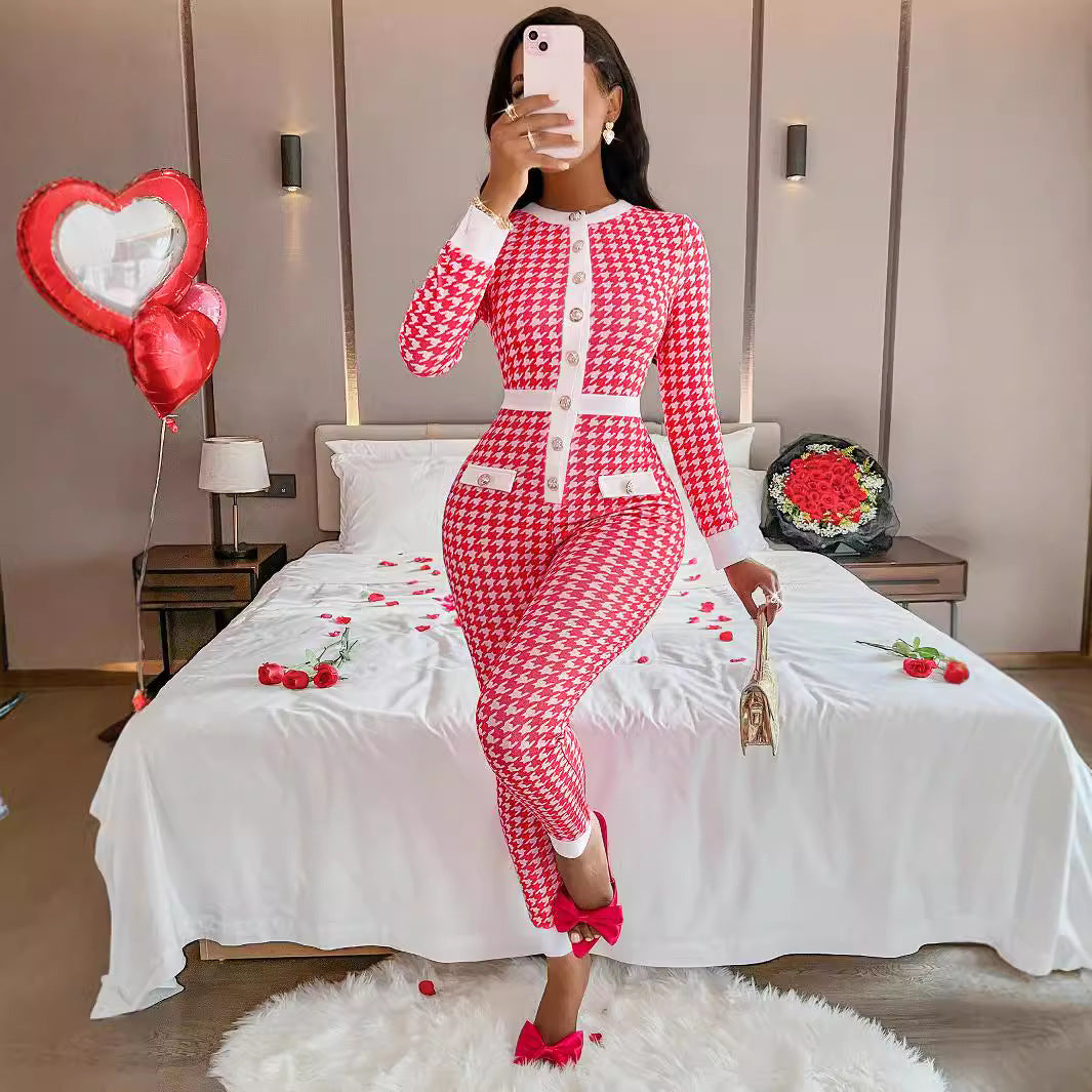 Geometric Plaid Tight Long Sleeve Jumpsuit