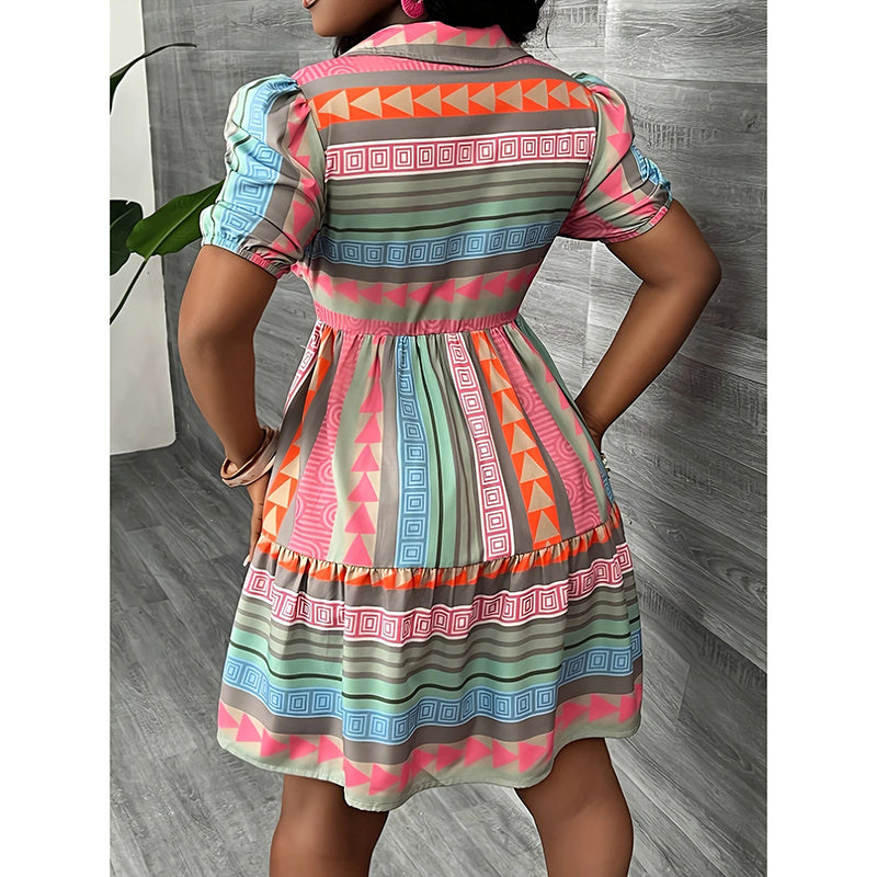 Printed Collar Button Down Puff Short Sleeve Mini Shirt Dress