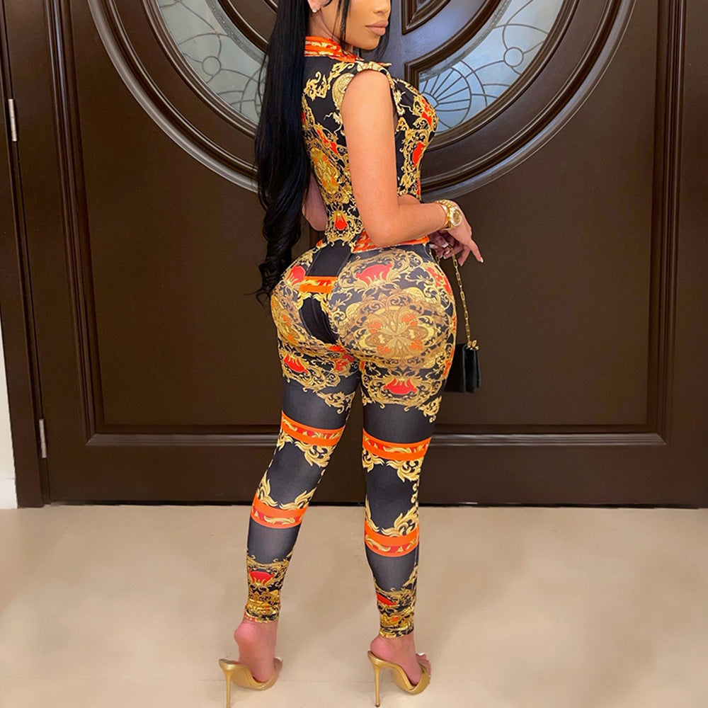 Sexy V-Neck Tight-Fitting Digital Positioning Printing Two-Piece Set