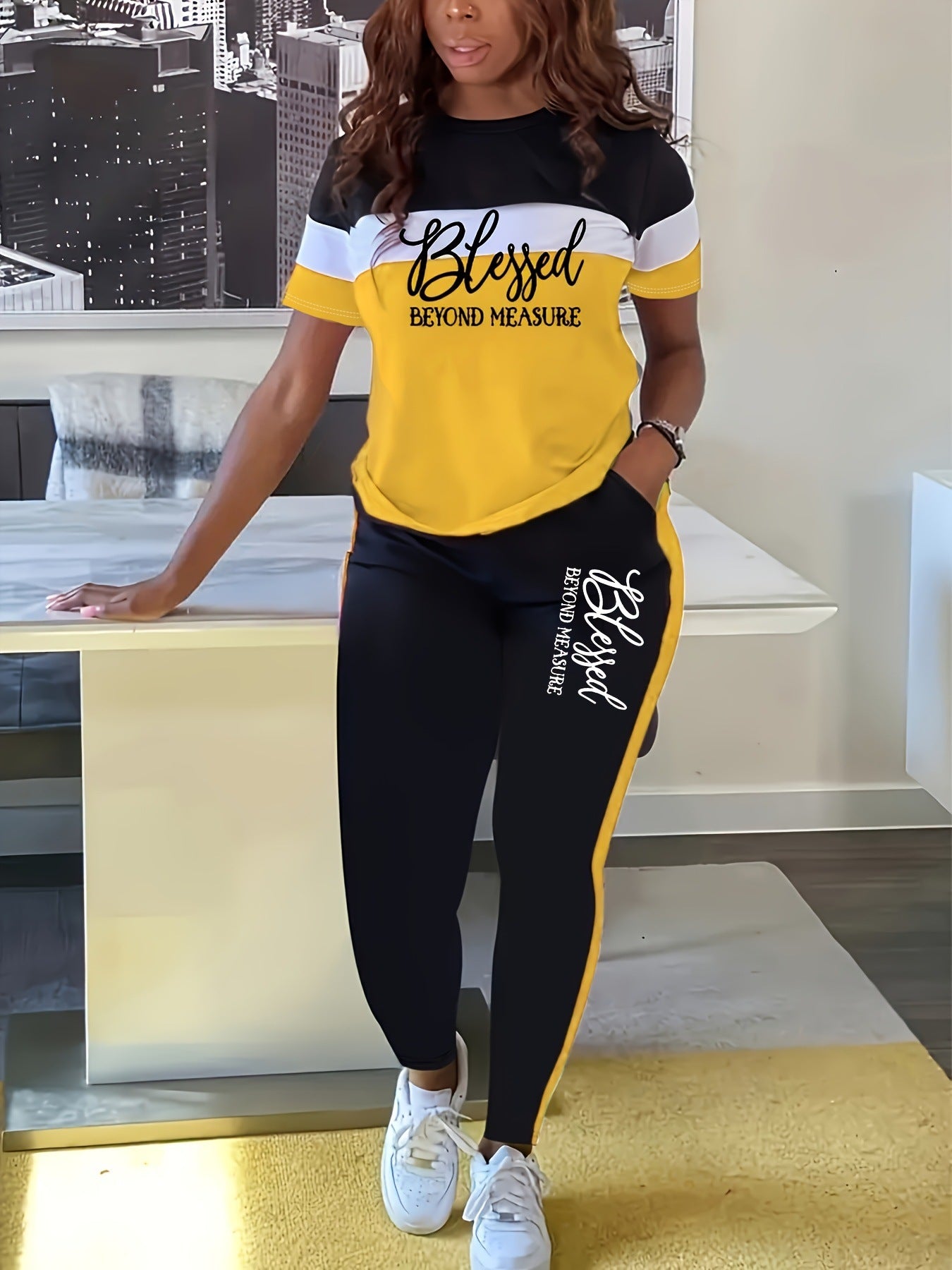 Contrast Color Striped Short Sleeve with Wide Leg Pants Set