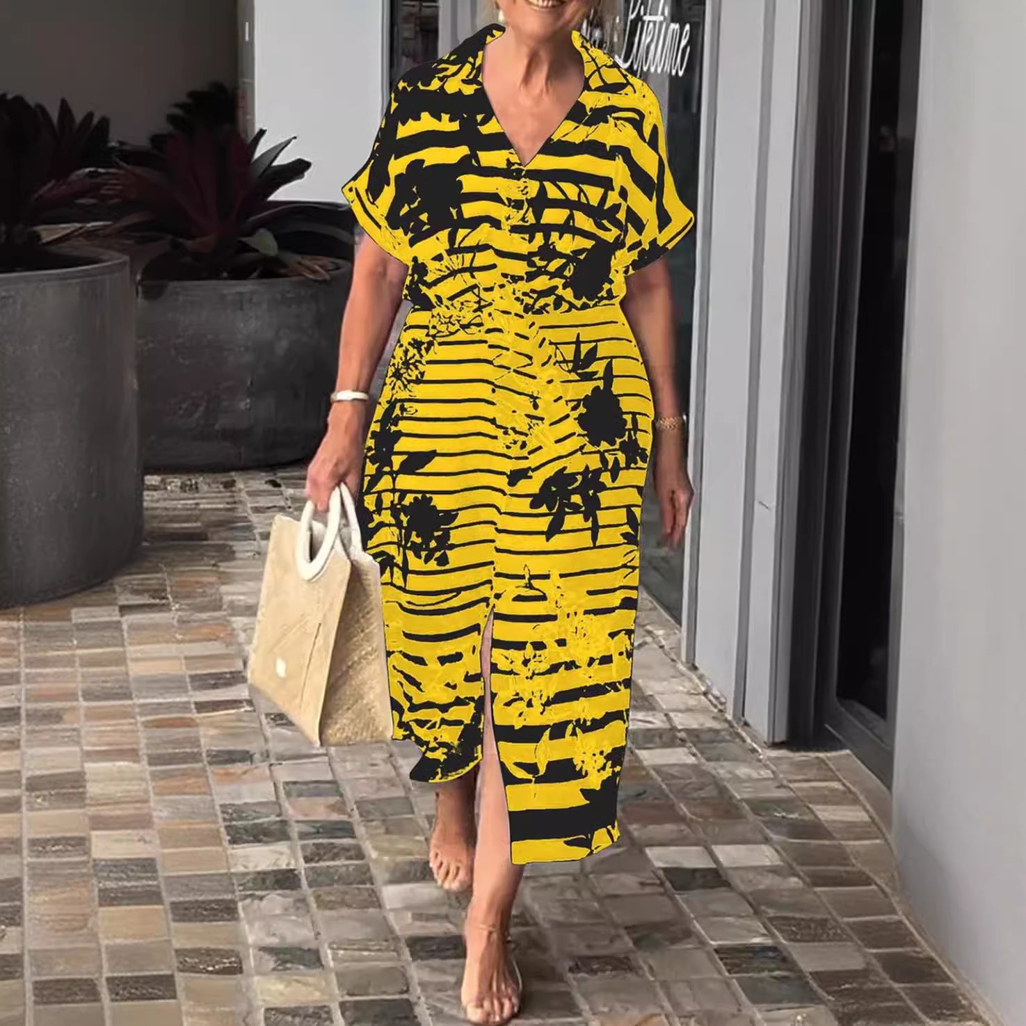 Short Sleeve Belt Slit Hemline Printed Dress