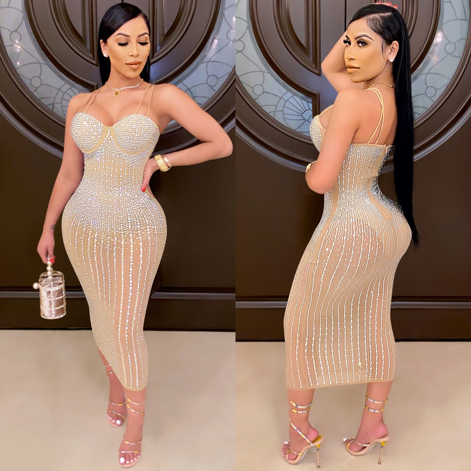 Mesh Perspective Hot and Diamond Sling Dress