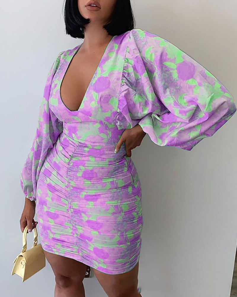 Printed V-Neck Long-Sleeved Dress