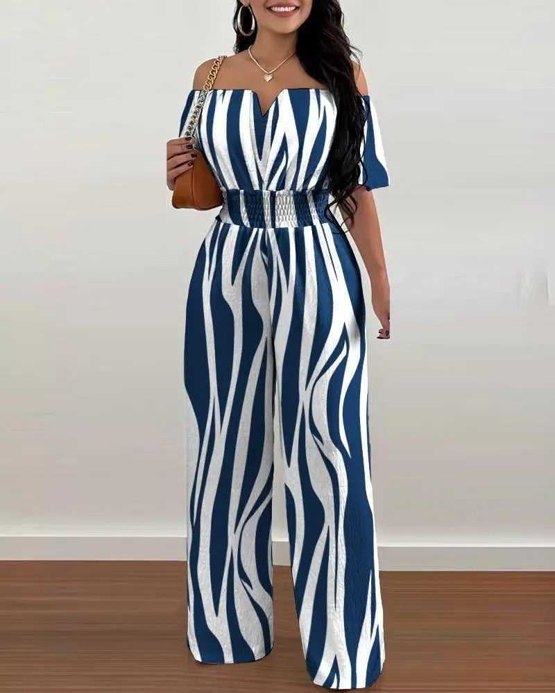 Printed Off-shoulder Fitted Waist Jumpsuit